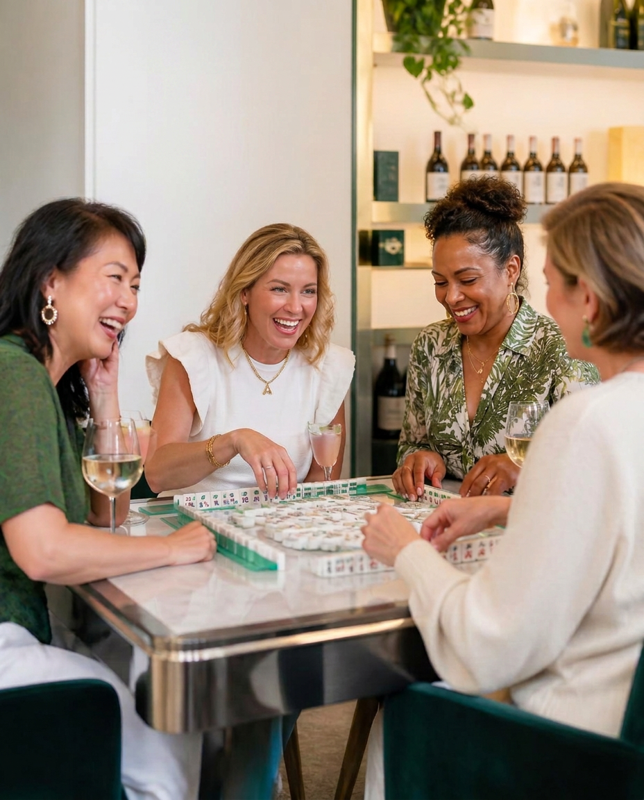 A joyful group of women laughing and playing MahJongg around a stylish table with wine glasses